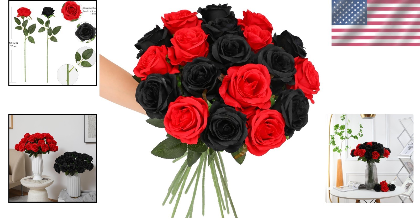 Artificial Roses 12 Pcs Black and Red Silk Flowers for Home Decor Centerpieces