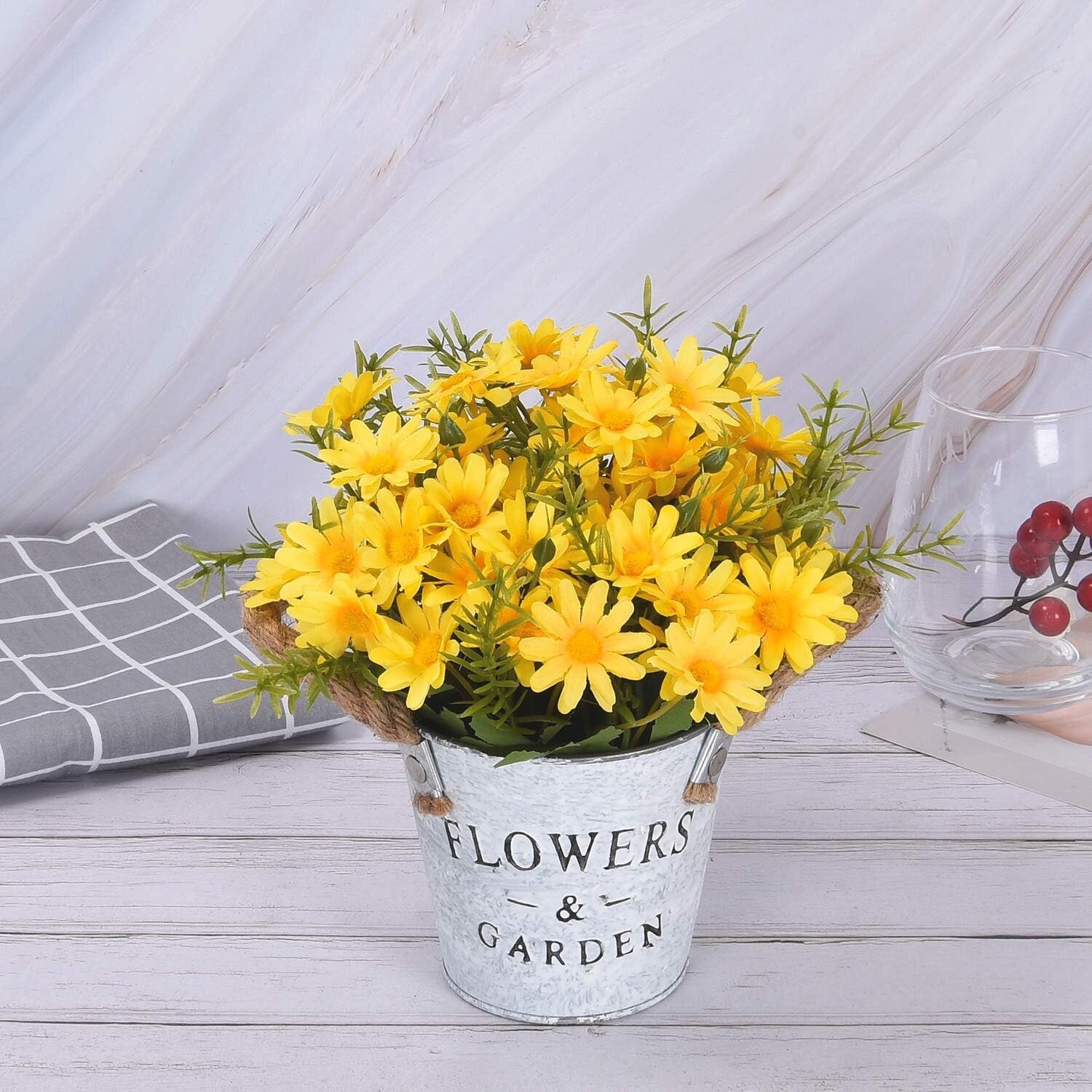 Floral Arrangement Bouquet Yellow Daisy Metal Pot Artificial Flowers Home Decor
