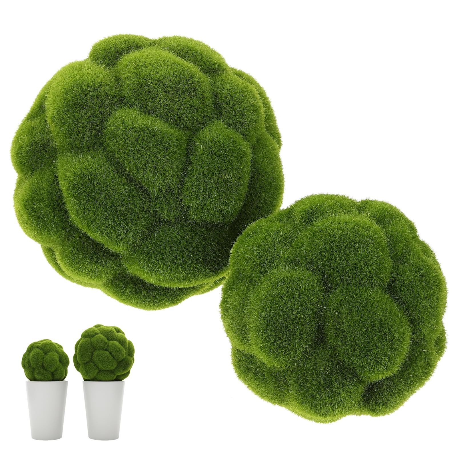 “2PCS Artificial Green Moss Balls – 10cm & 12cm Decorative Faux Grass Spheres fo
