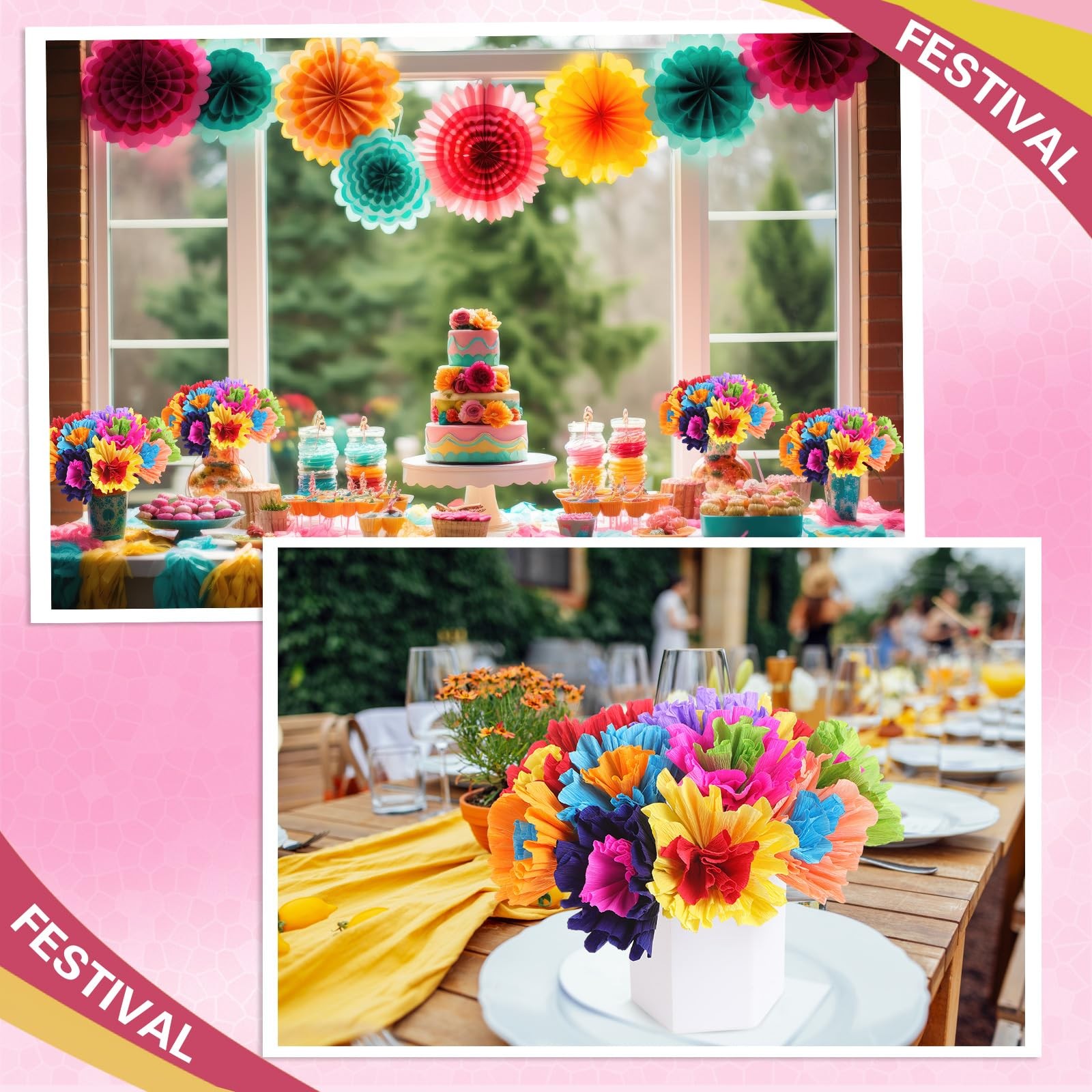 24 Pcs Mexican Paper Flowers Artificial Rainbow Crepe Paper Flowers Bunch wit…