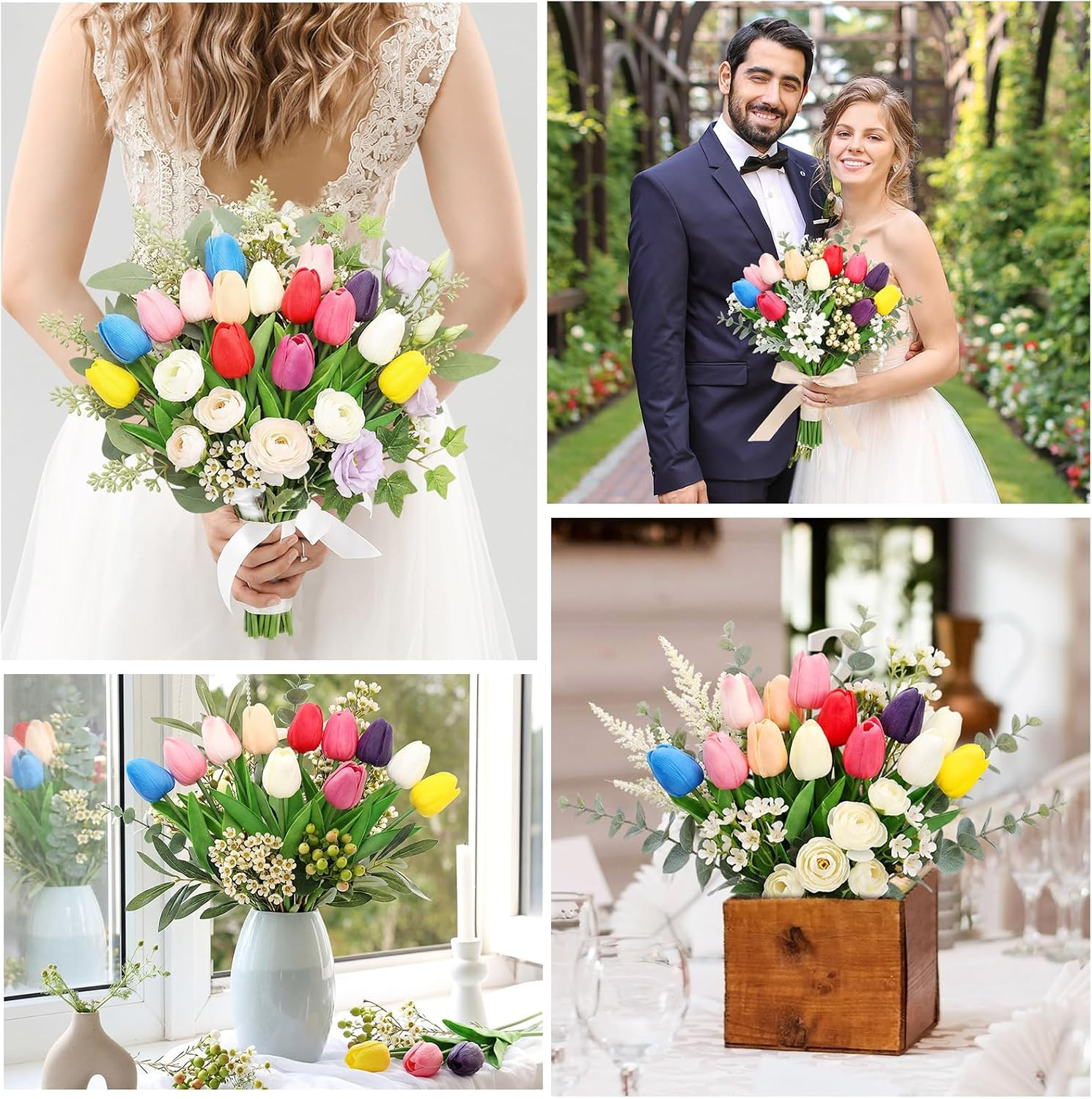 200 Pcs White Artificial Tulips Bulk PU Faux Tulips with Stem Bouquet Centerpiec