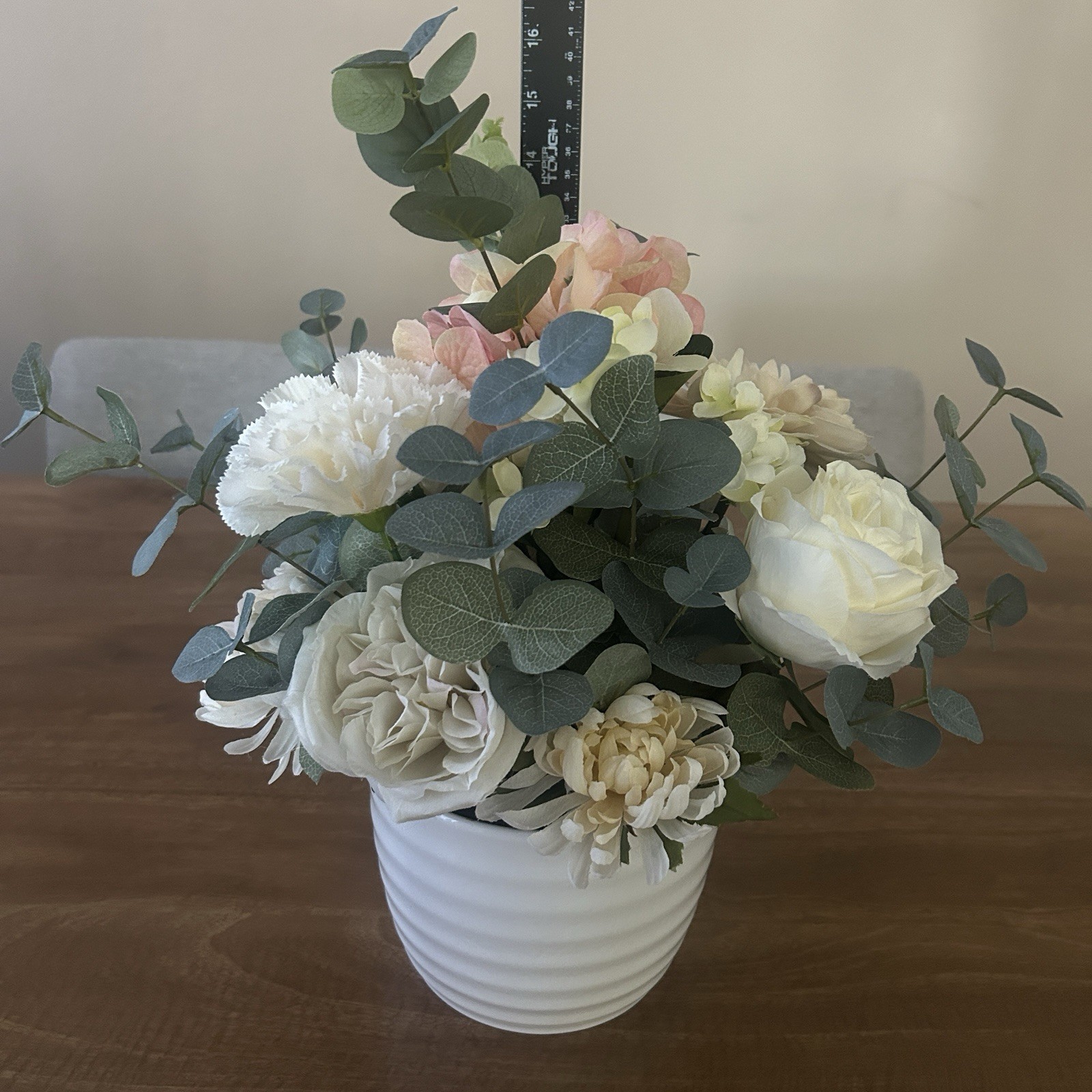 Artificial Faux Flowers Floral Arrangement With White Ribbed Vase Centerpiece