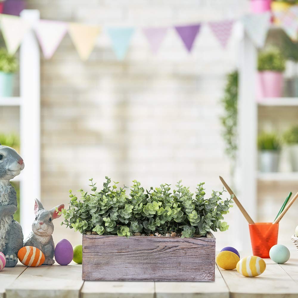Faux Dusty Green Eucalyptus Plants Rustic Wood Planter Box Wedding Centerpiece