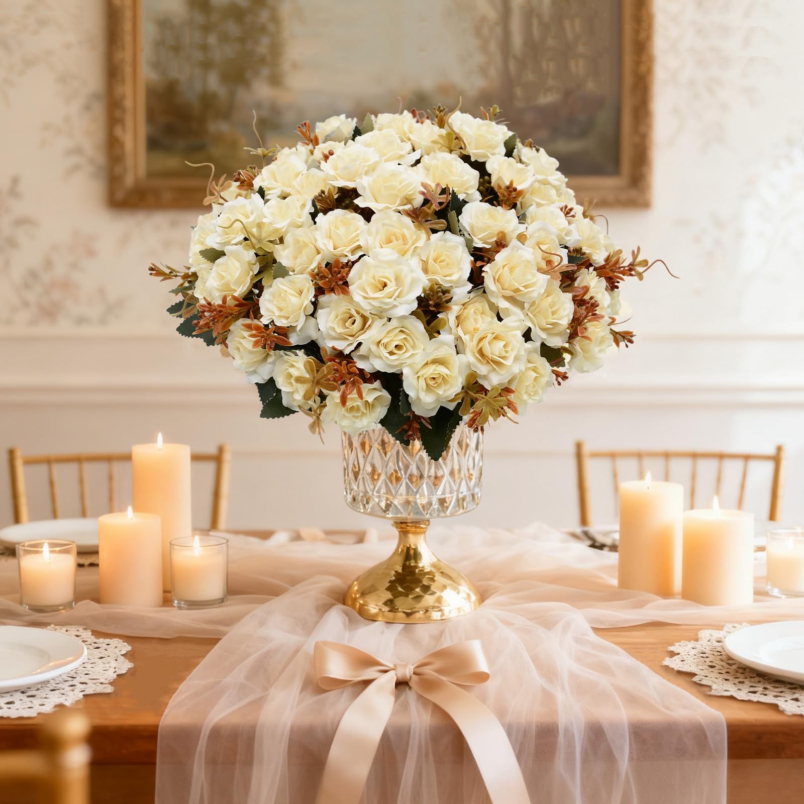6 PCS White Silk Rose Bouquet 10 Flowers Per Pack Mini Fake Rose Bunches