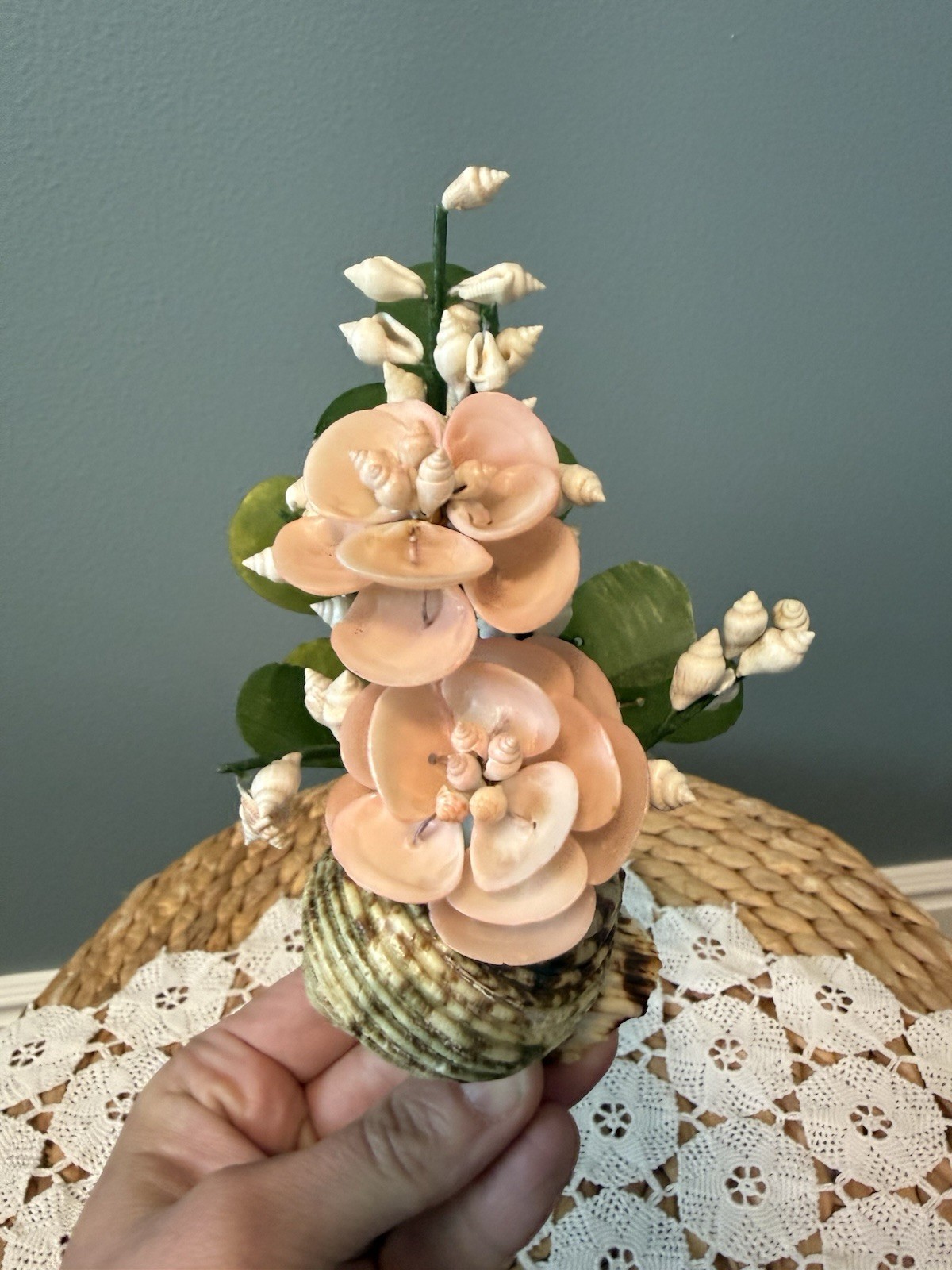 Vintage Pink Seashell Flower Arrangement Shell Art Floral Decor 6” Coastal Beach
