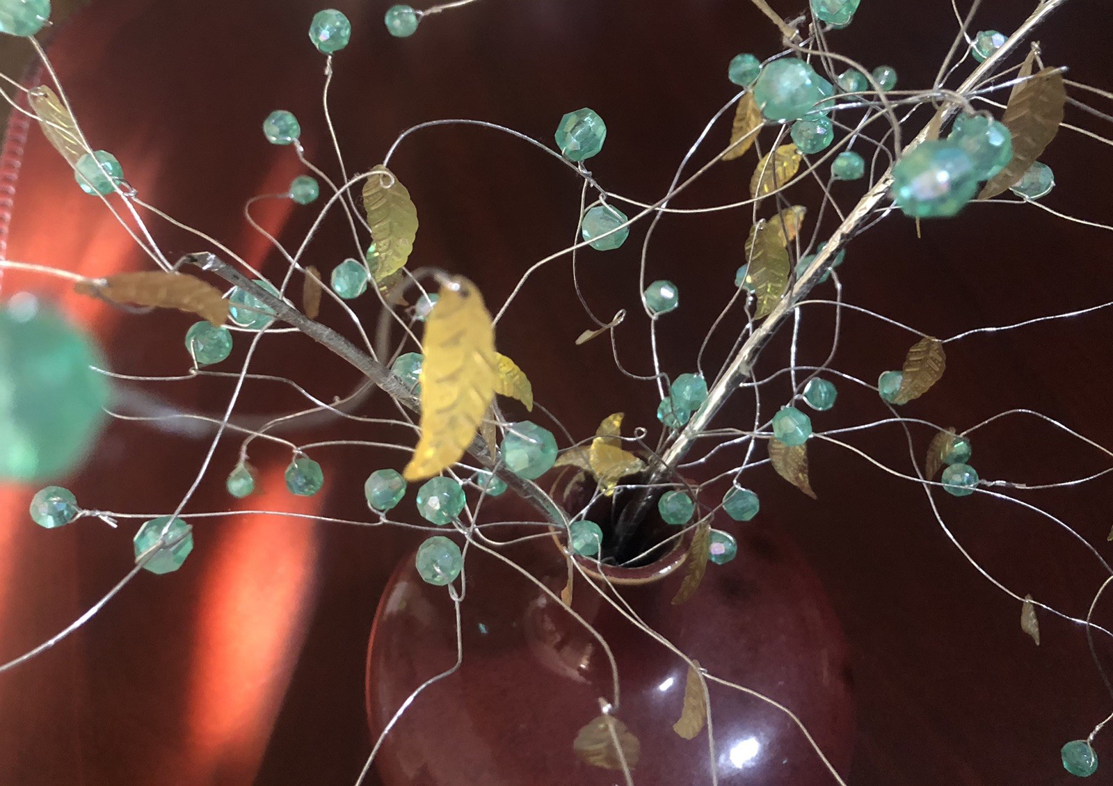 Set of 2 UNIQUE AQUA BEADED IRIDESCENT LEAVES WIRED SPRAY STEM VASE DECORATION