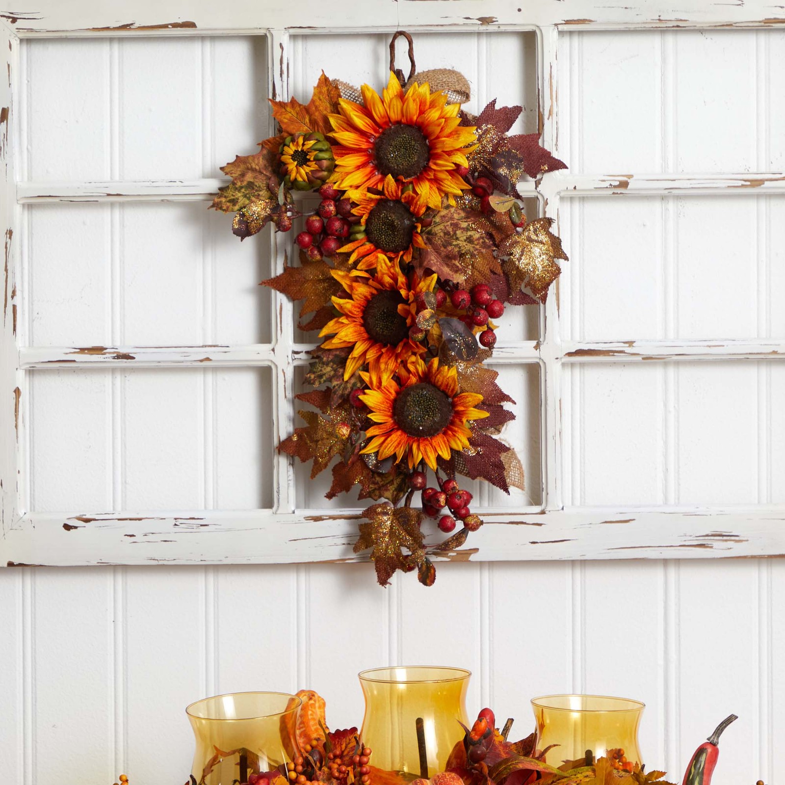 Nearly Natural 24″ Sunflower & Berry Teardrop in Yellow
