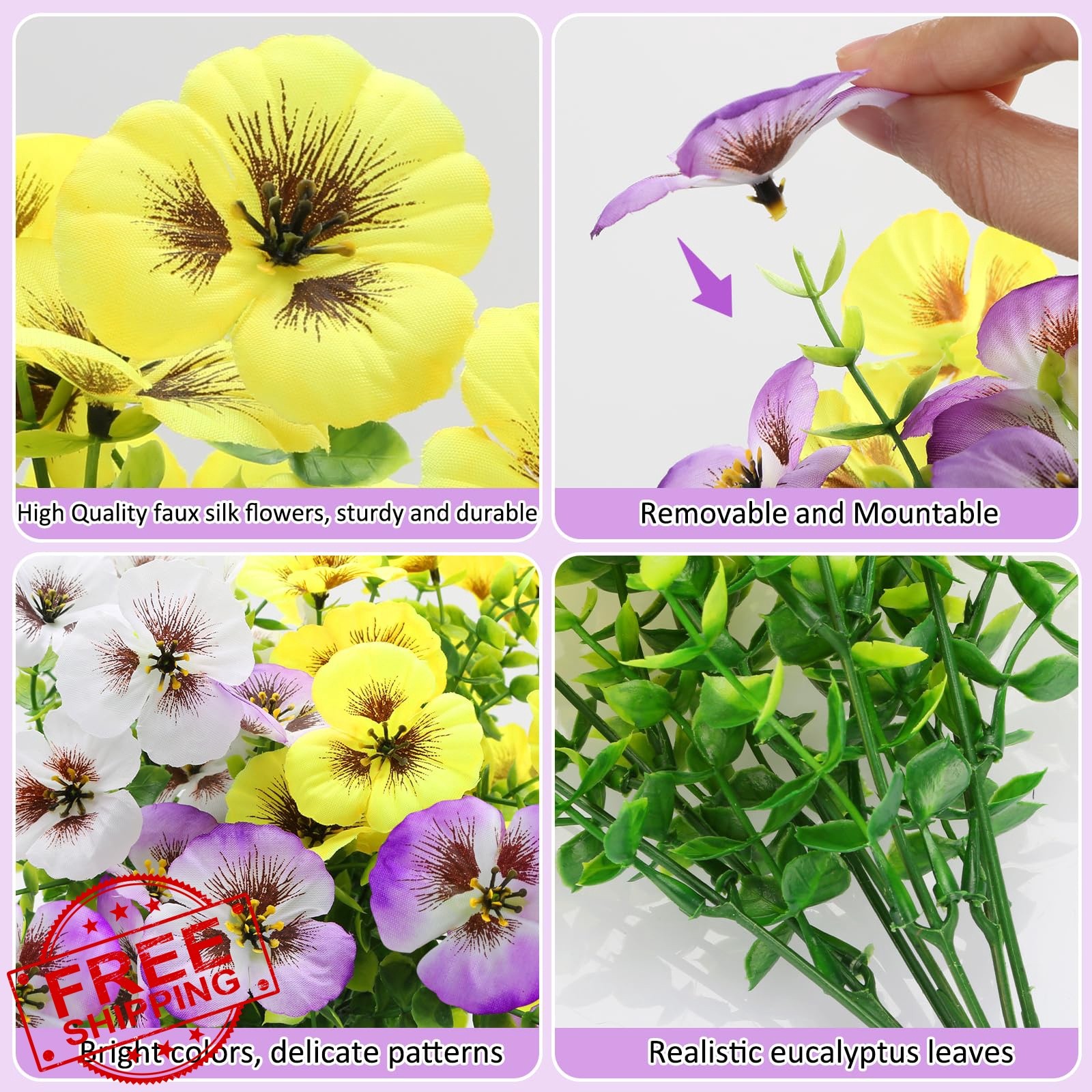 MERIXMAS 12 Artificial Flowers Yellow White Purple Silk Pansies