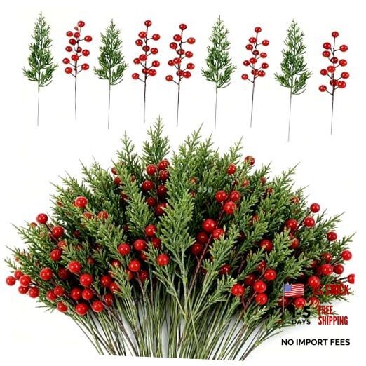 Artificial Christmas Pine Branches with Red Berry Stems-Set of 45 Greenery