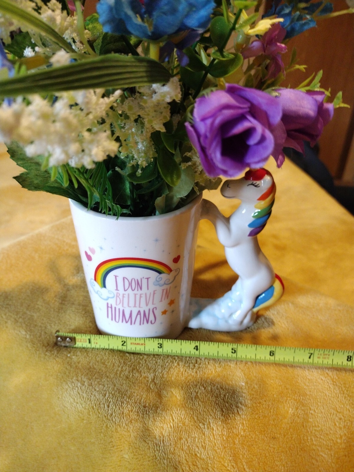 “I Don’t Believe In Humans” Rainbow Unicorn Mug Artificial Flower Arrangement