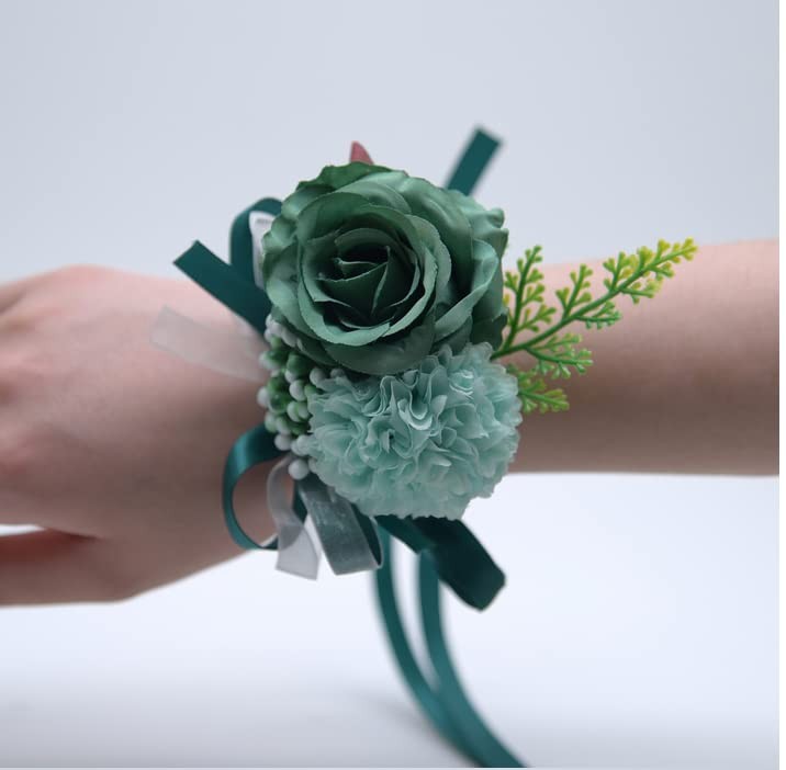 Wrist Corsage And Boutonniere Set Blackish Green Silk Flower Wedding 2 PCS
