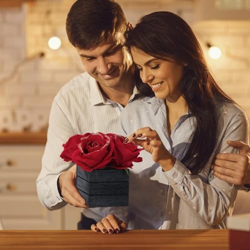 Artificial with Wooden Vase Silk Red Glitter Rose in Black Wood Box Red Roses