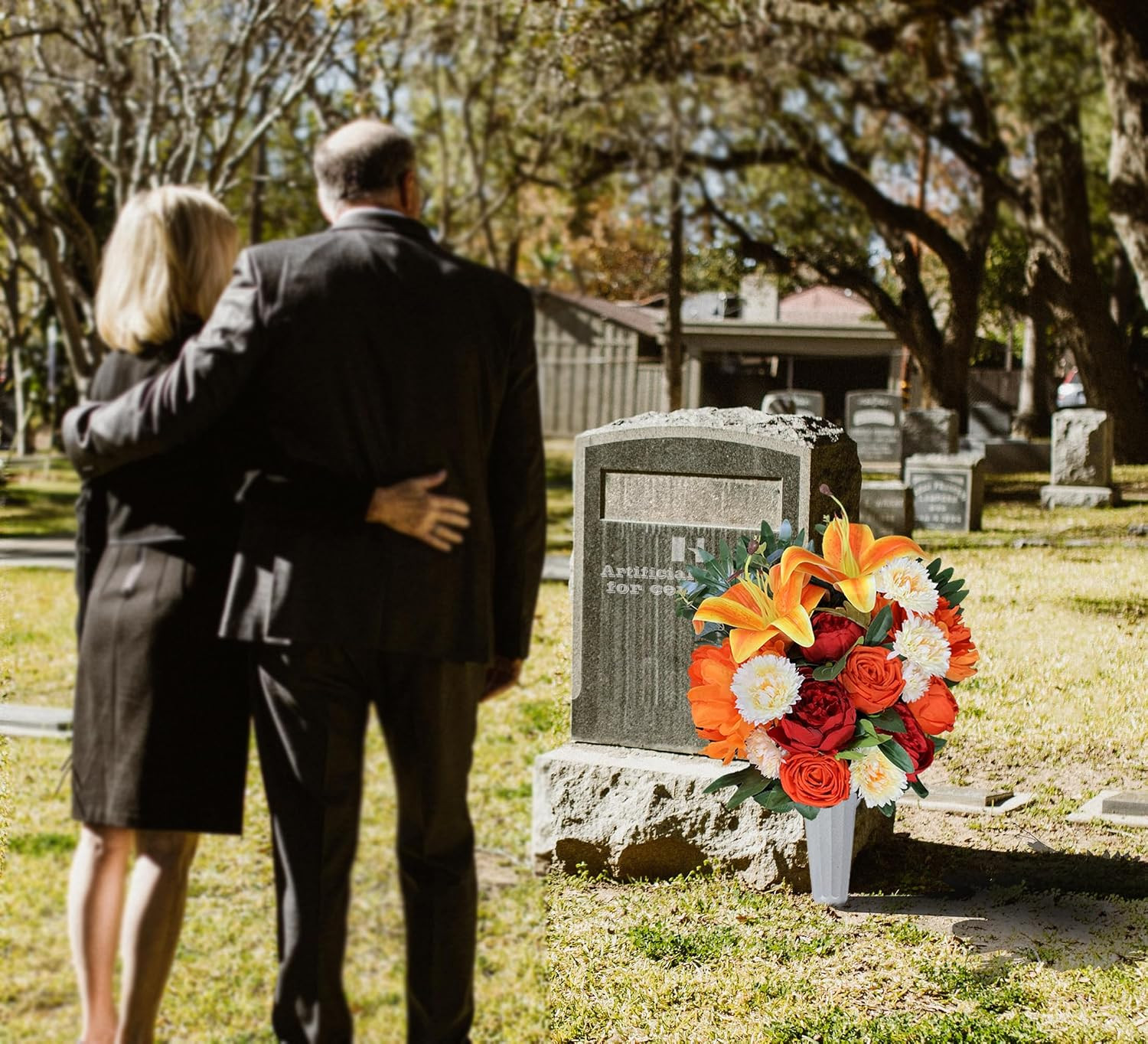 Elegant Artificial Cemetery Flower Arrangement with Vase for Headstone