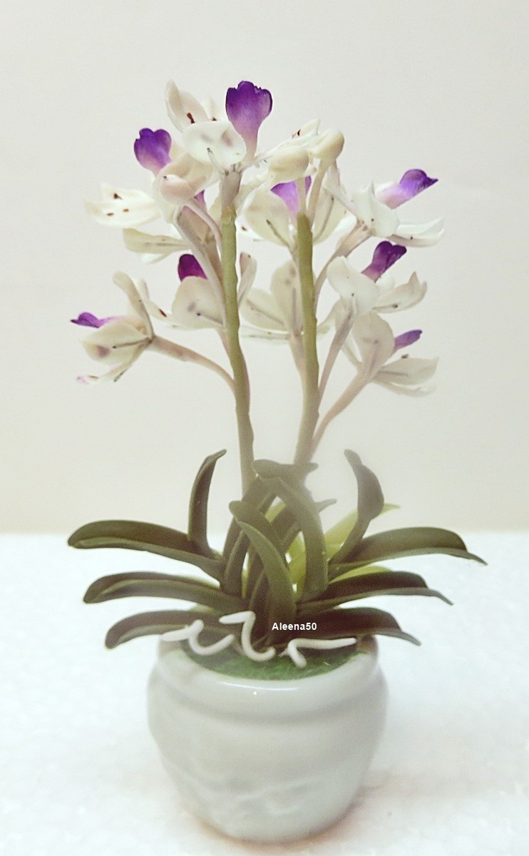 US Stock 4″H Air-Dry-Clay Handmade Miniature Rhyncho Orchid Arrangement in Pot.