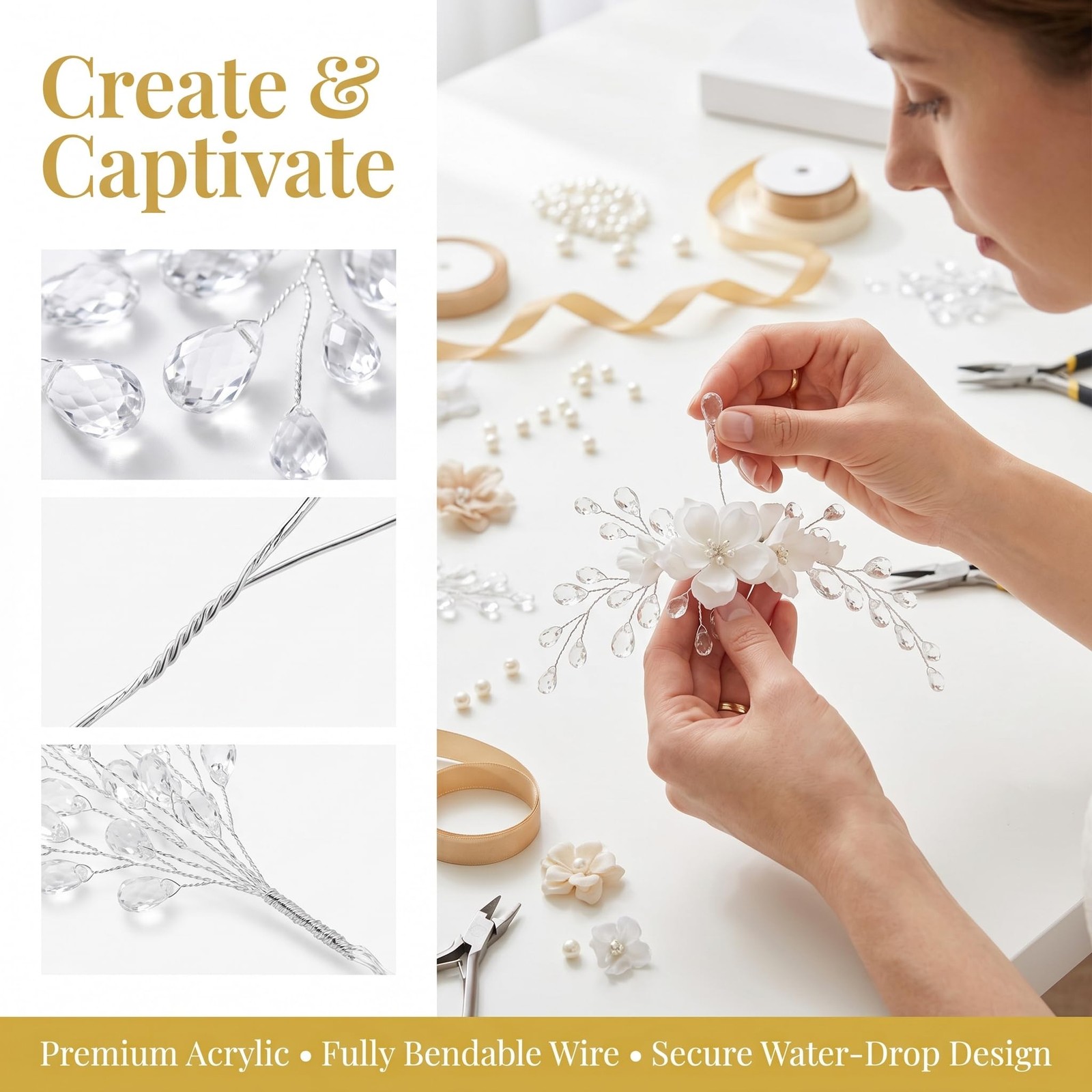 50 PCS Crystal Floral Picks Branches Acrylic Bead Drop Bouquet 6.69″