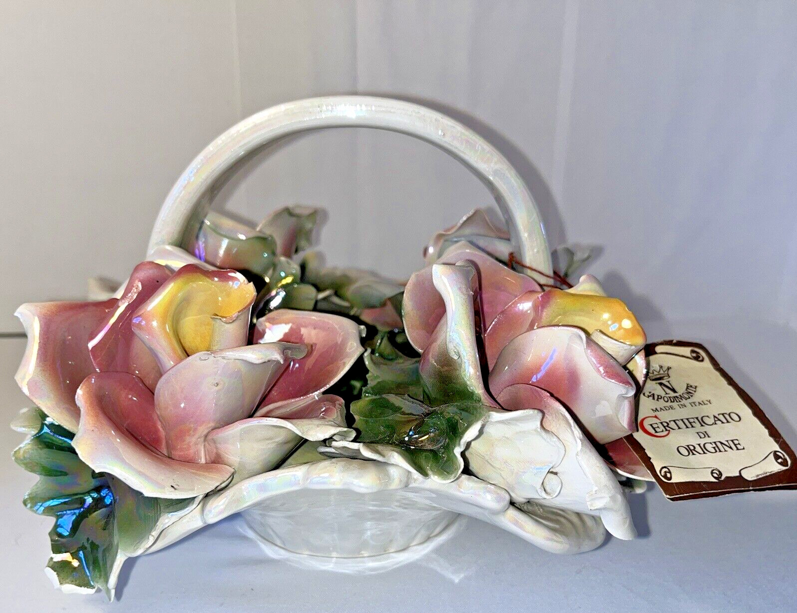 Vintage Capodimonte Basket of Roses Italy Original Tag Iridescent 10″ x 10″ x 6