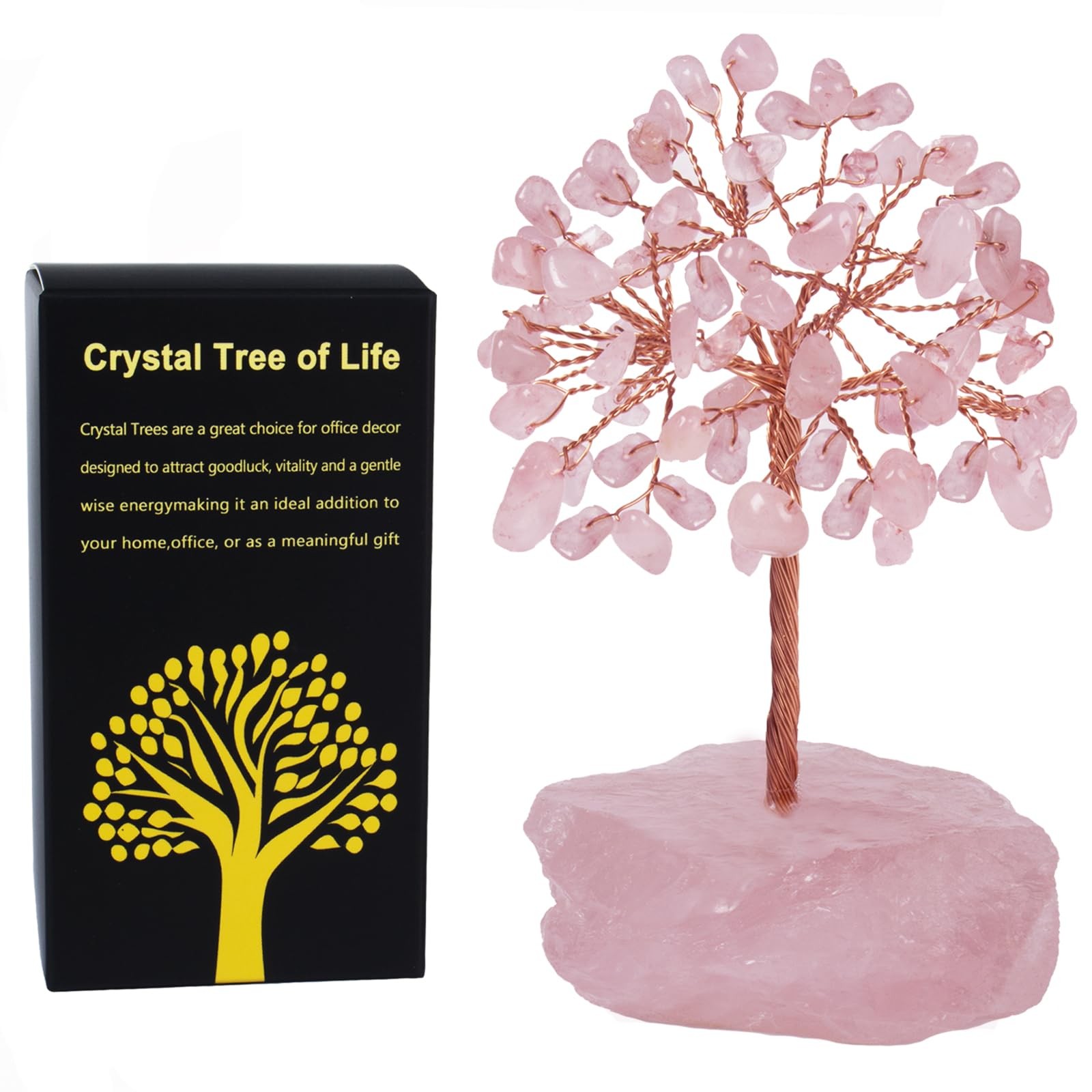 Rose Quartz Healing Crystal Tree，Natural Reiki Life Stone Base Copper Wire Tr…