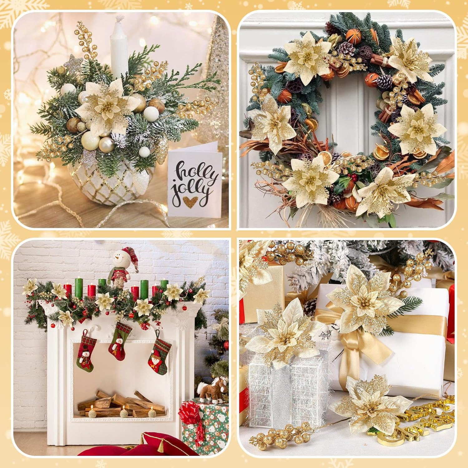 24Pc Gold Christmas Tree Decorations, 12 Poinsettia Flowers & 12 Glitter Picks
