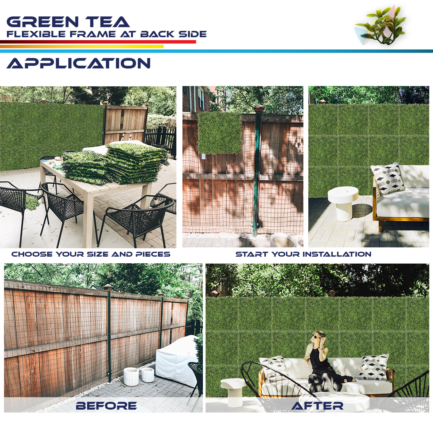 20″ Artificial Green Tea Leaf Mat Wall Hedge Decor Privacy Panel for Home Office