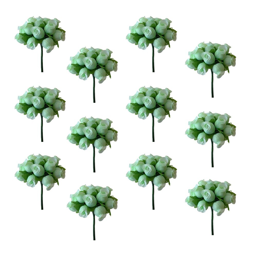 Mint Green Artificial Silk Flower Roses – 12 Mini Bouquets 12 Rosebuds 144 Total