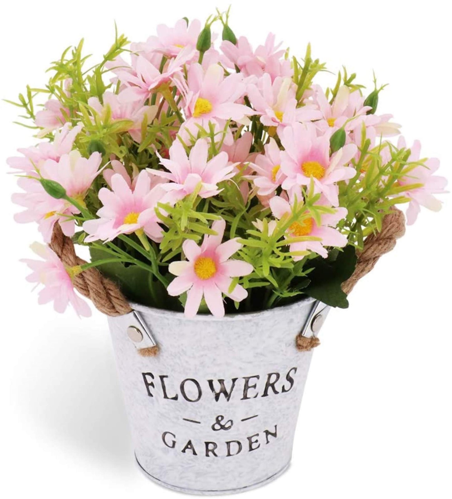 Artificial Daisy Flowers in Metal Pot Fake Pink Daisies Potted Plant Home Decor
