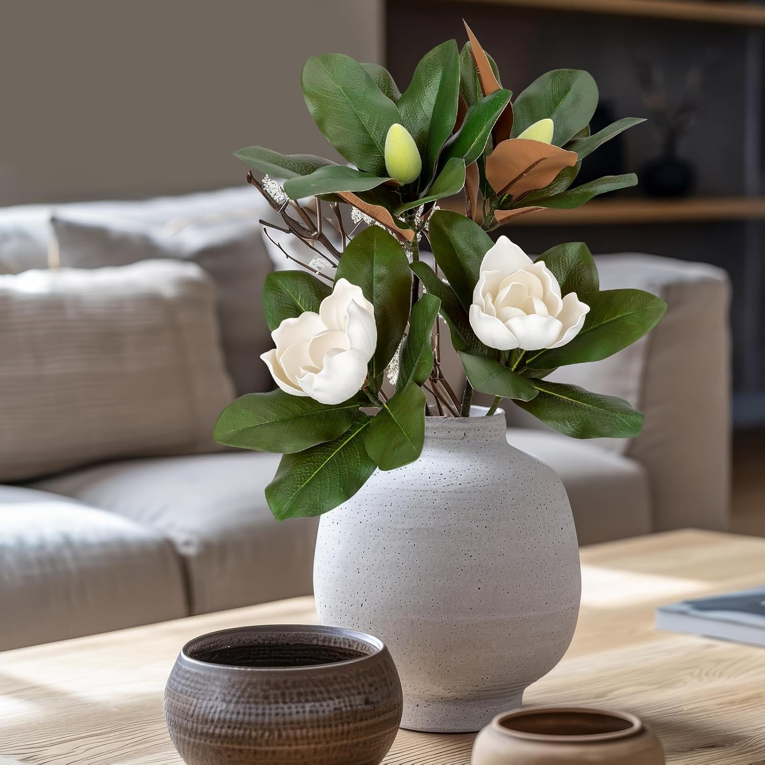 33.5″ Artificial Magnolia Flowers – 2PCS Real Touch Faux Floral Arrangement Whit