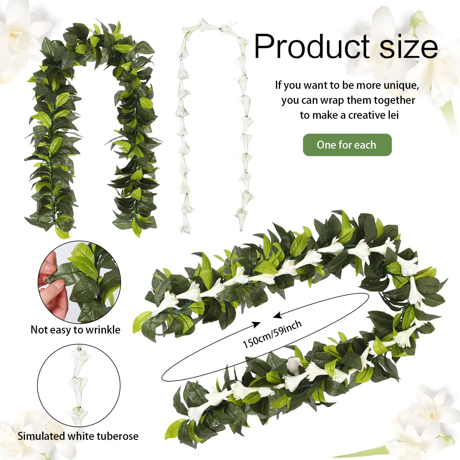 Thiccywoov 2 Pack Hawaiian Luau Maile and White Tuberose Lei Artificial Gradu…
