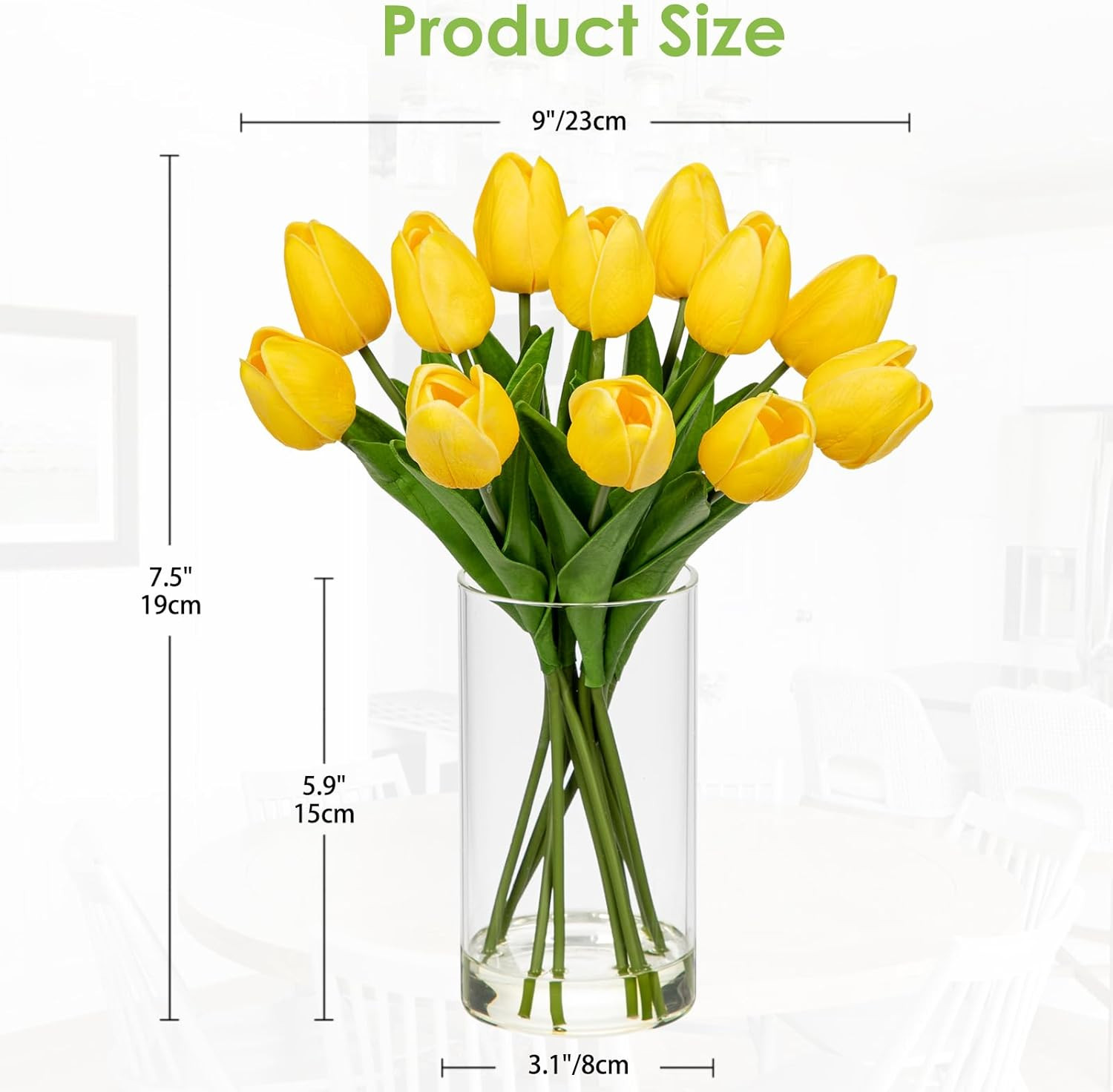 12 Pcs Artificial Real Touch Tulips Flowers in Glass Vase with Faux Water, Tulip