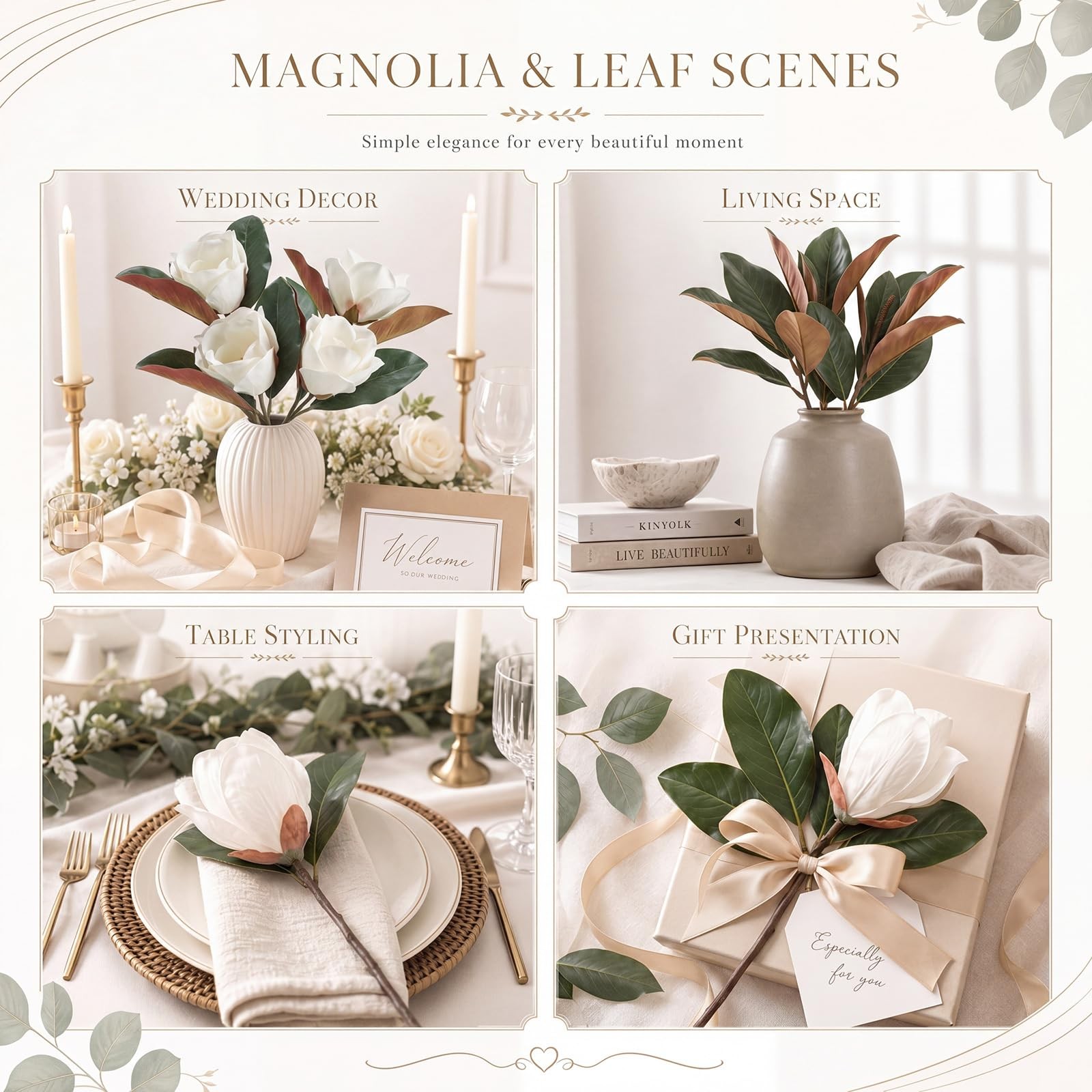 8 Pcs Magnolia Flower Set 4 White Artificial Magnolia Flower Stems 4 Branches…