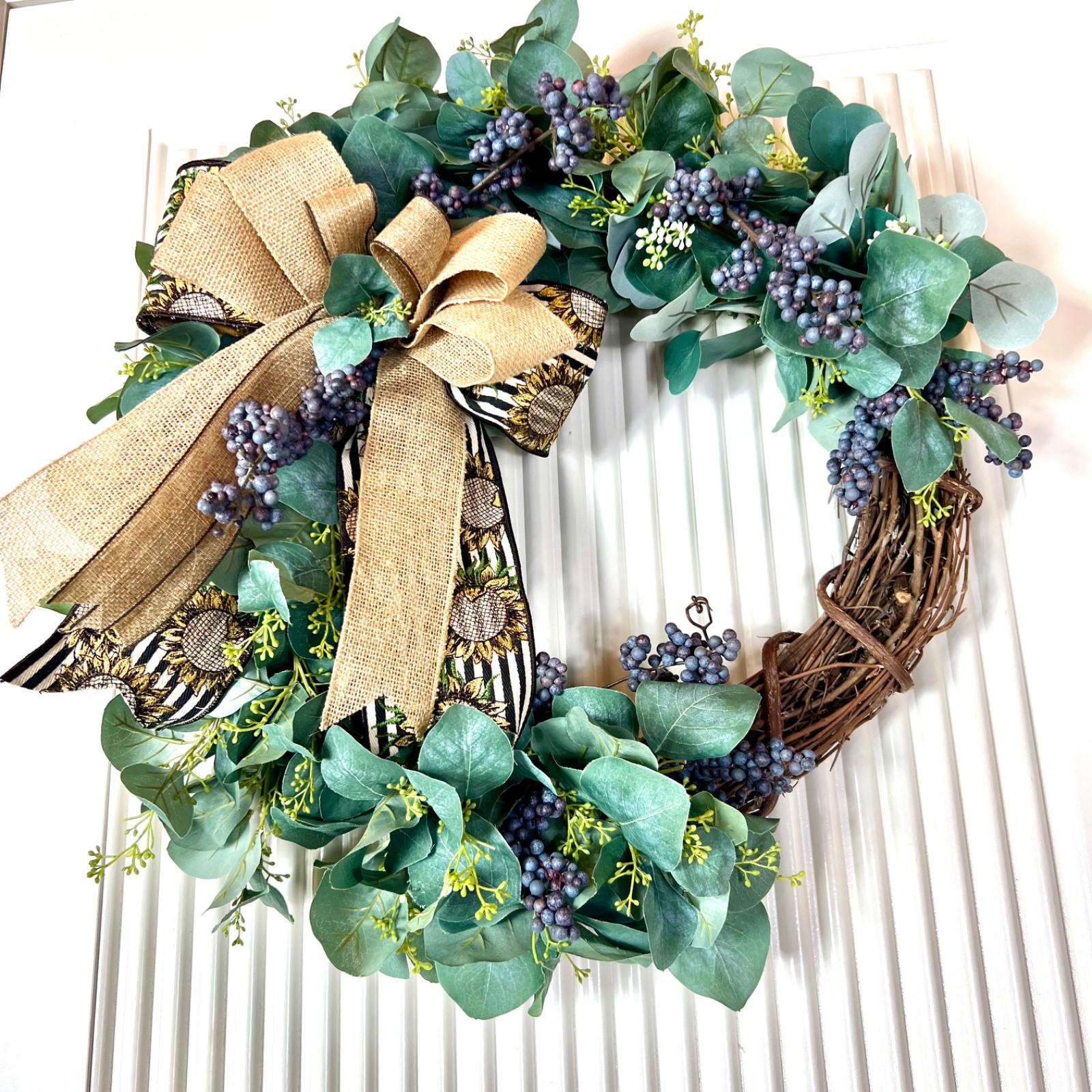 Everyday Farmhouse Silver Dollar Eucalyptus Wreath with Berries Handcrafted Home