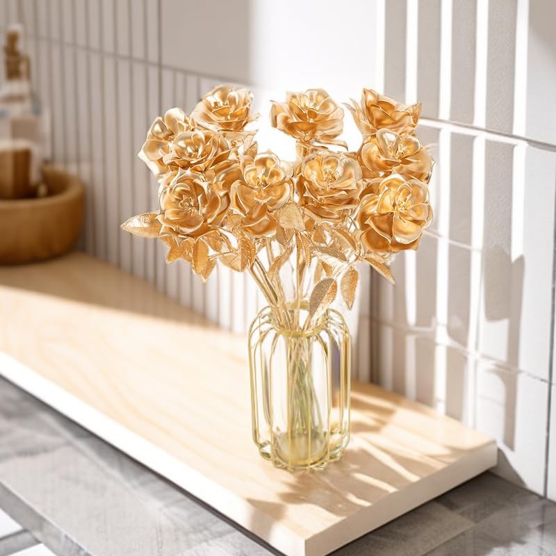 5 Pcs Artificial Golden Roses Flowers 20 Inches Artificial Rose Fake Rose Flo…