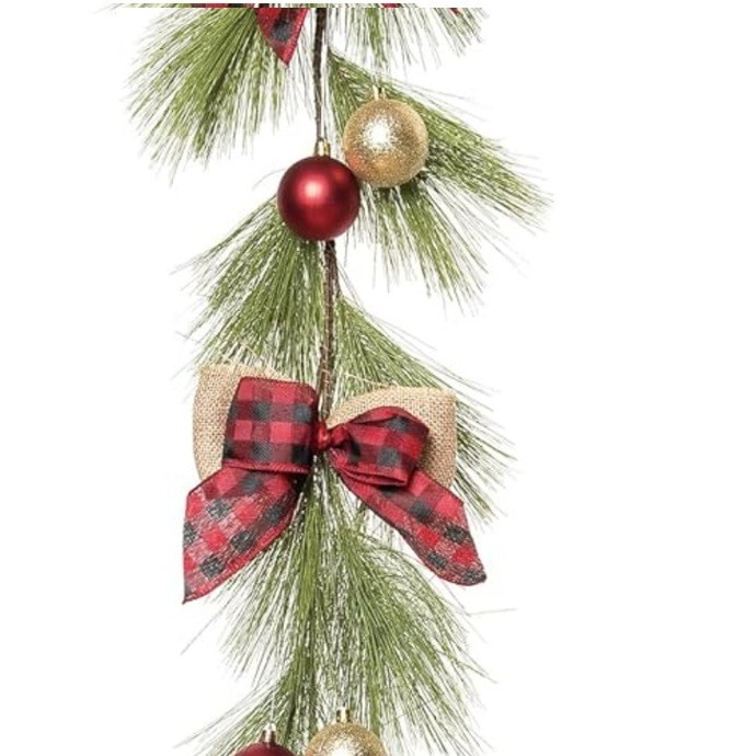Winter Ornament and Bow 59″ Long Faux Wispy Pine Garland