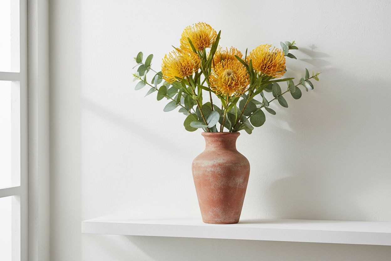 Artificial Yellow Orange Pincushion Protea Stem | Faux Leucospermum Flower | Tro