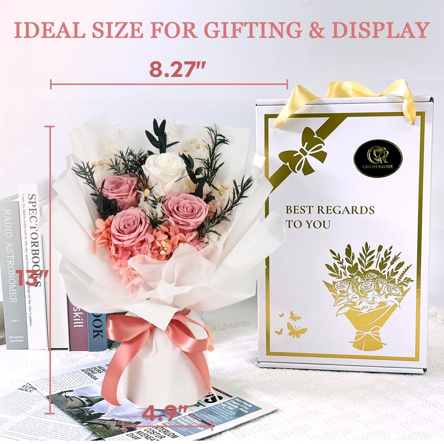 Preserved Flowers Bouquet Pink Rose Gift For Her Mom Grandma Anniversary