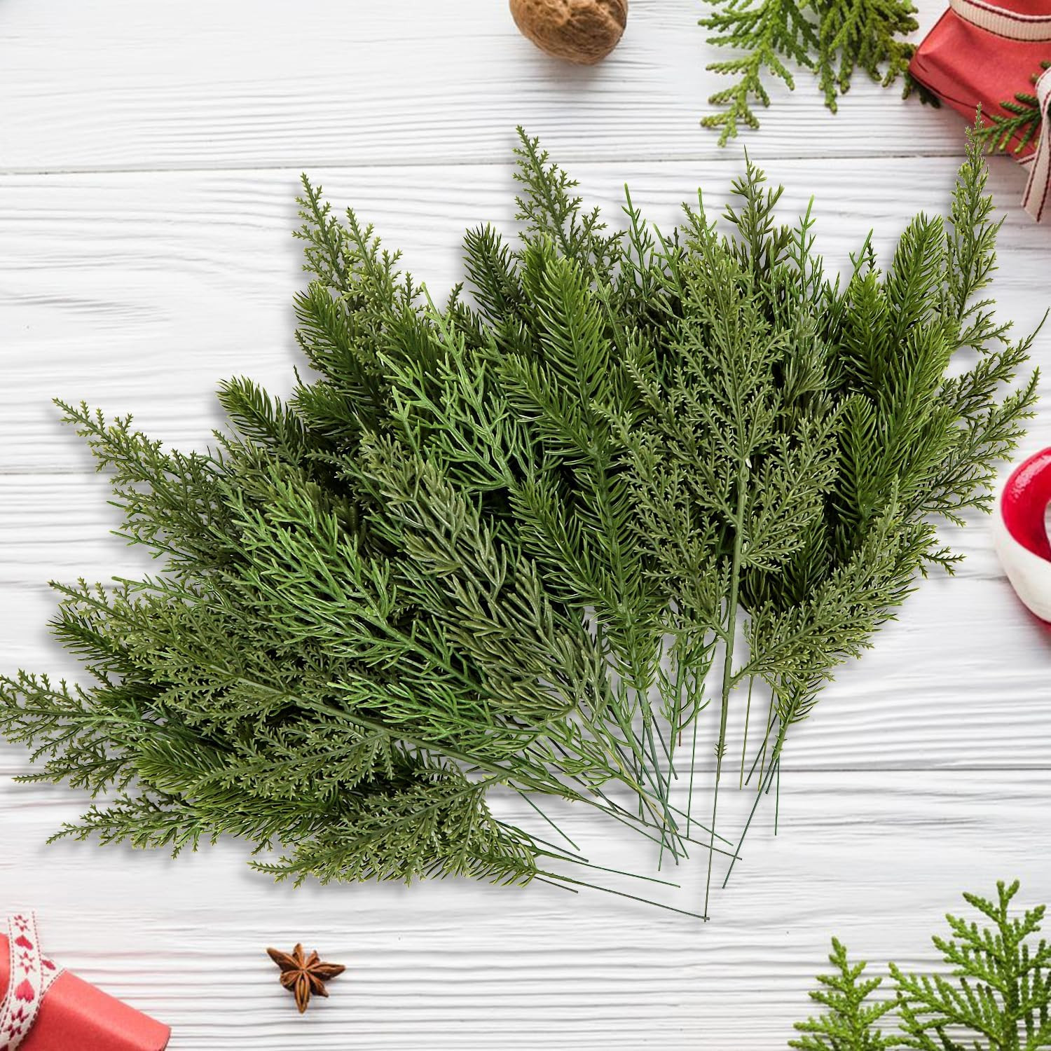 40 Pcs Artificial Pine Branches Assorted Faux Pine Stems Cedar Leaves Needle Spr