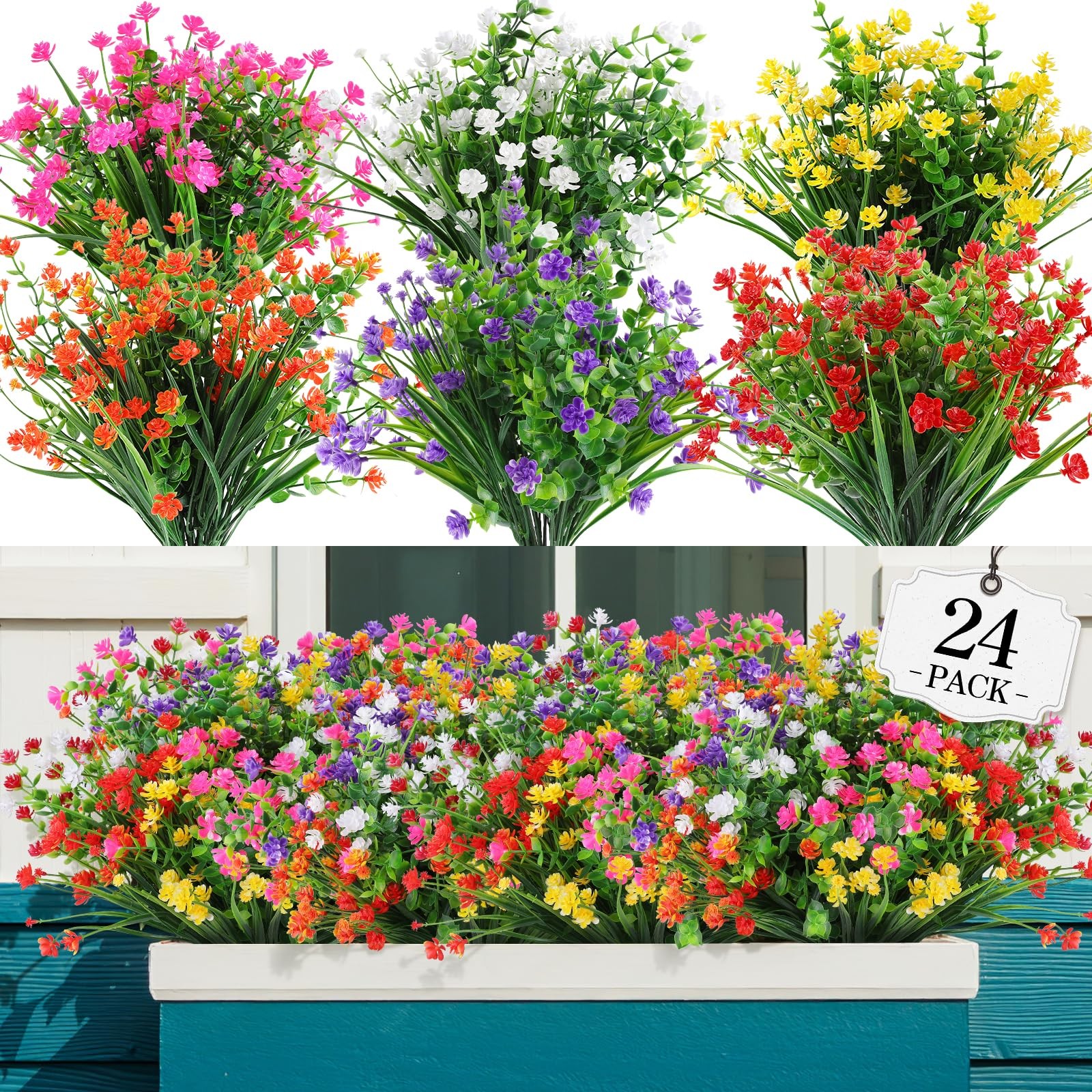12/24 Bundles Artificial Flowers UV Resistant Fake Outdoor Plants Decor Sets