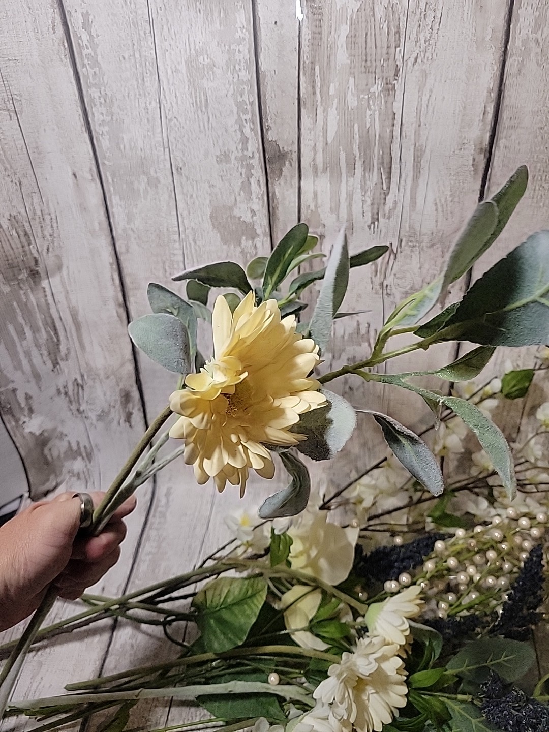 Faux Floral Flower Arrangement Single Pieces Daisy Pearl Berries Fuzzy Stems…