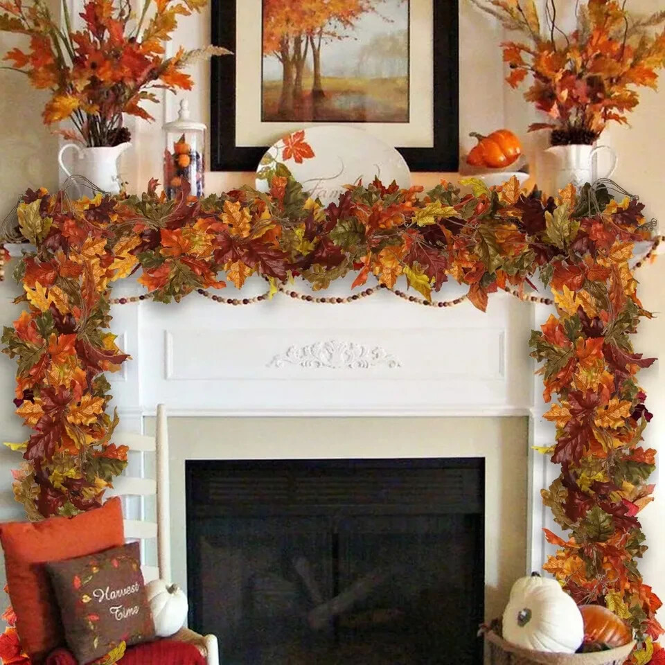 4 Pack Fall Oak Leaves Garland Artificial 5.2Ft Fake Autumn Leaf Foliage Garland