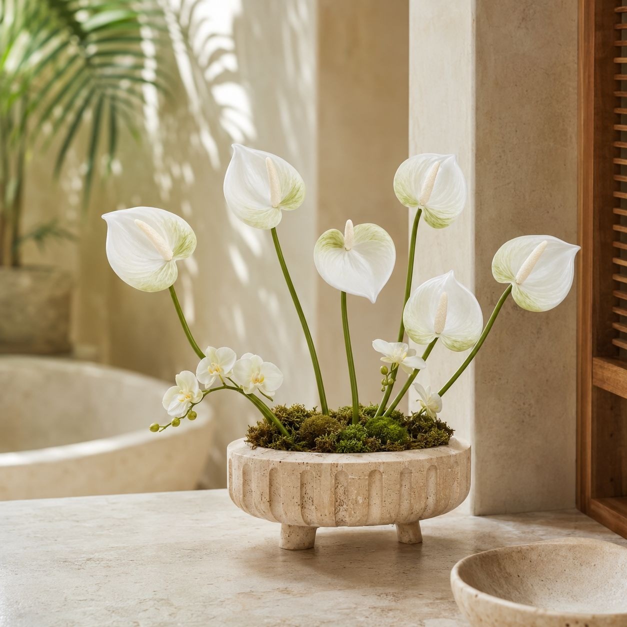 White Green Real-Touch Artificial Anthurium Stems, Set of 6, 11 Inch Faux Tropic