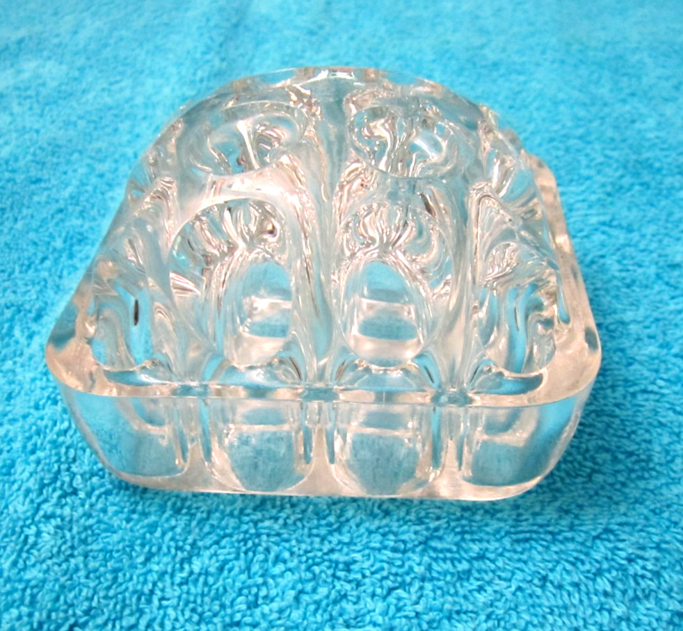 LARGE VINTAGE 3 1/2″ SQARE 16-HOLE CLEAR GLASS FLOWER FROG with DOMED CENTER