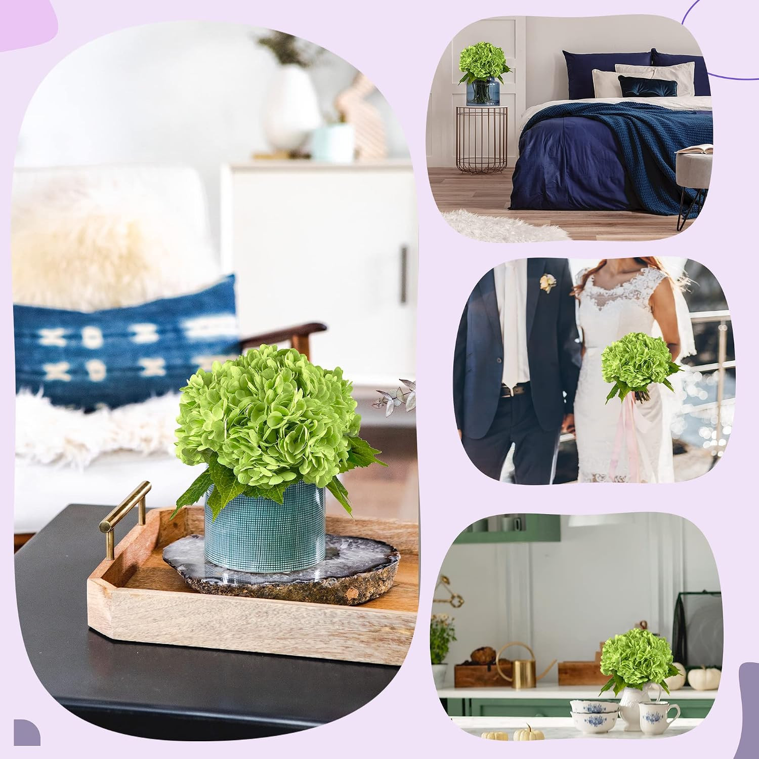 21In Bottle Green Artificial Hydrangea Flowers with Stems 5 Pcs | Real Touch, 3D