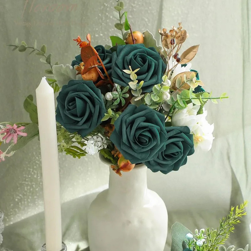 25Pcs Dark Teal Foam Roses with Stems Artificial Flowers for DIY Wedding Decor