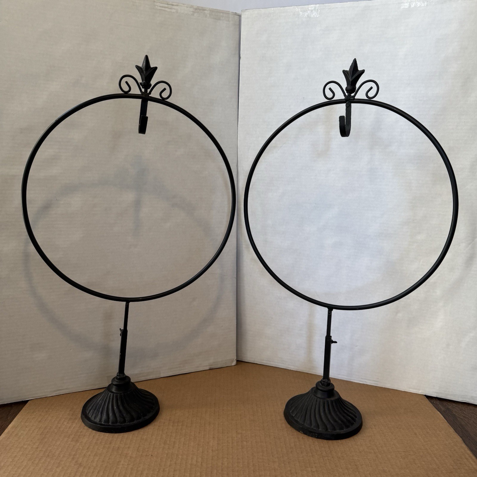 WREATH HOOK STAND Adjustable Height Free Standing Wrought Iron set of 2