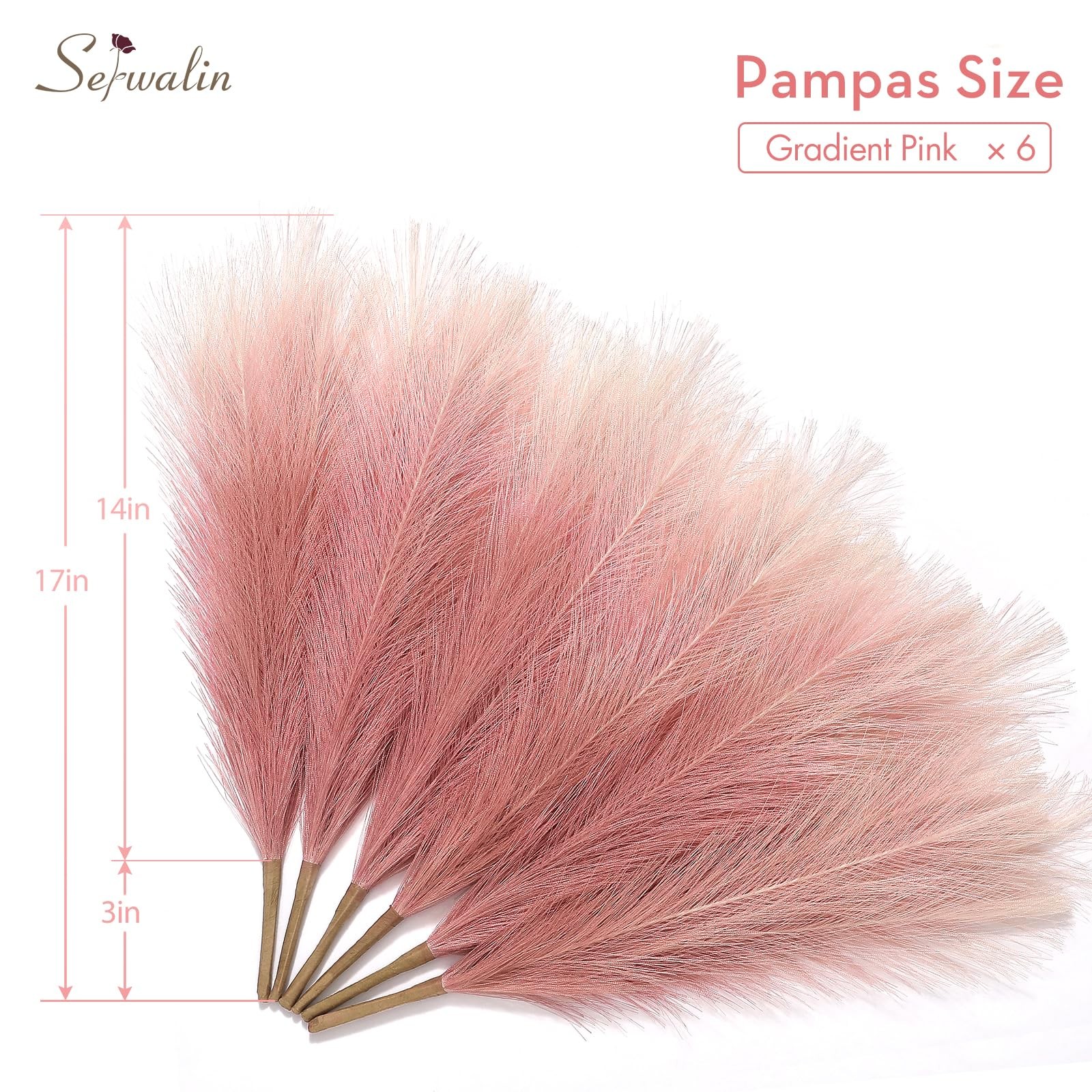 6 PCS Gradient Pink Pampas Grass Decor 17.7 Inch Artificial Fluffy Decor