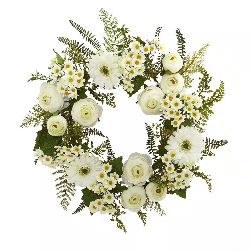 24 In. Artificial Mixed Daisies and Ranunculus Wreath