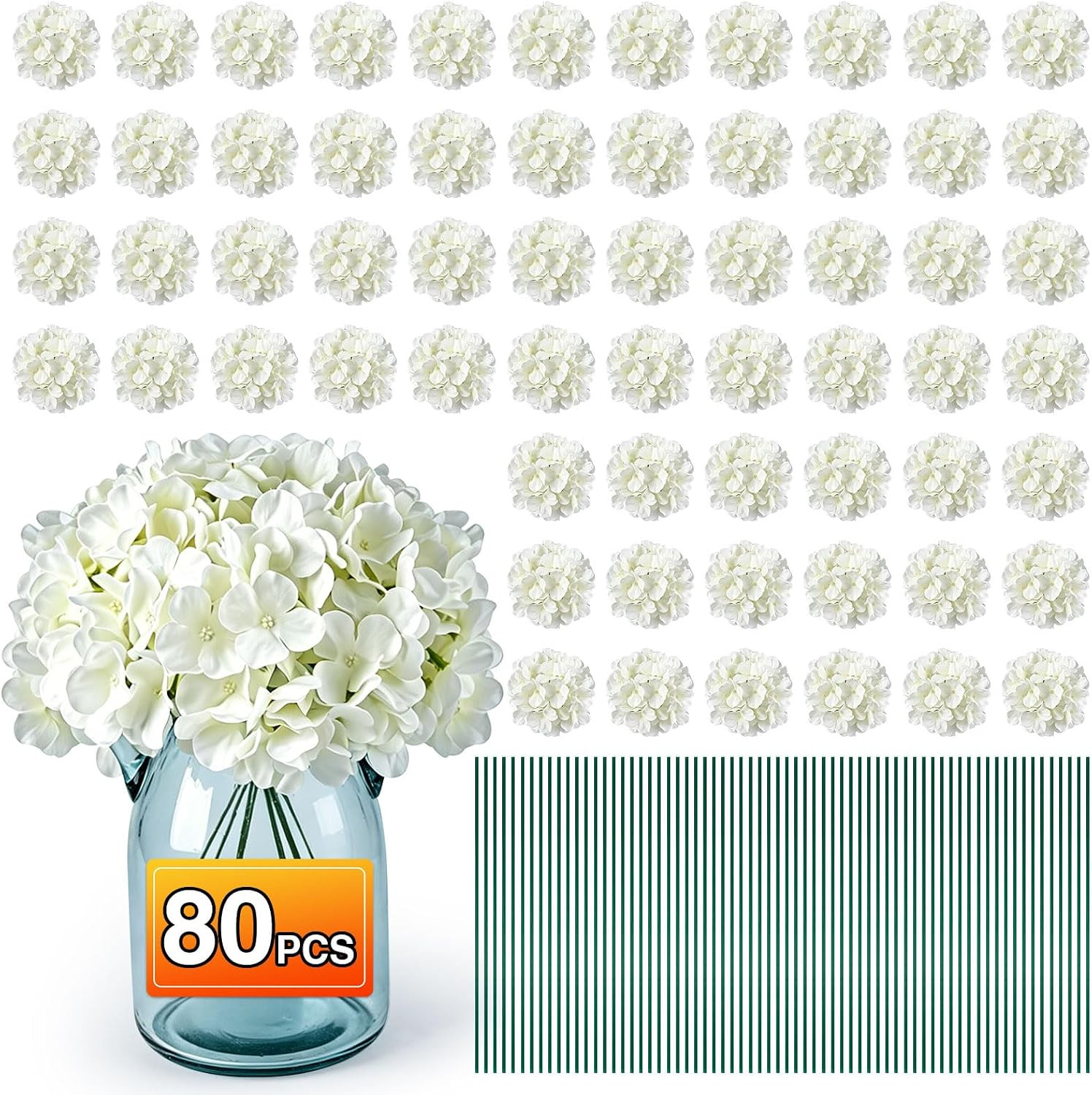 80PCS White Silk Hydrangea Flowers for Weddings, Parties, Home Decor