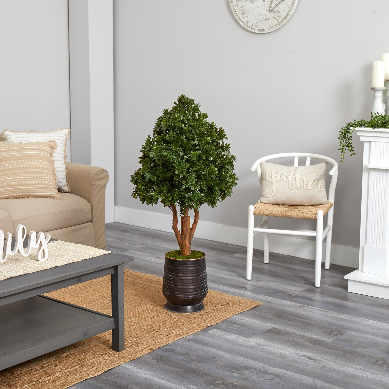 Nearly Natural 49″ Tea Leaf Artificial Tree in Metal Planter UV Resistant