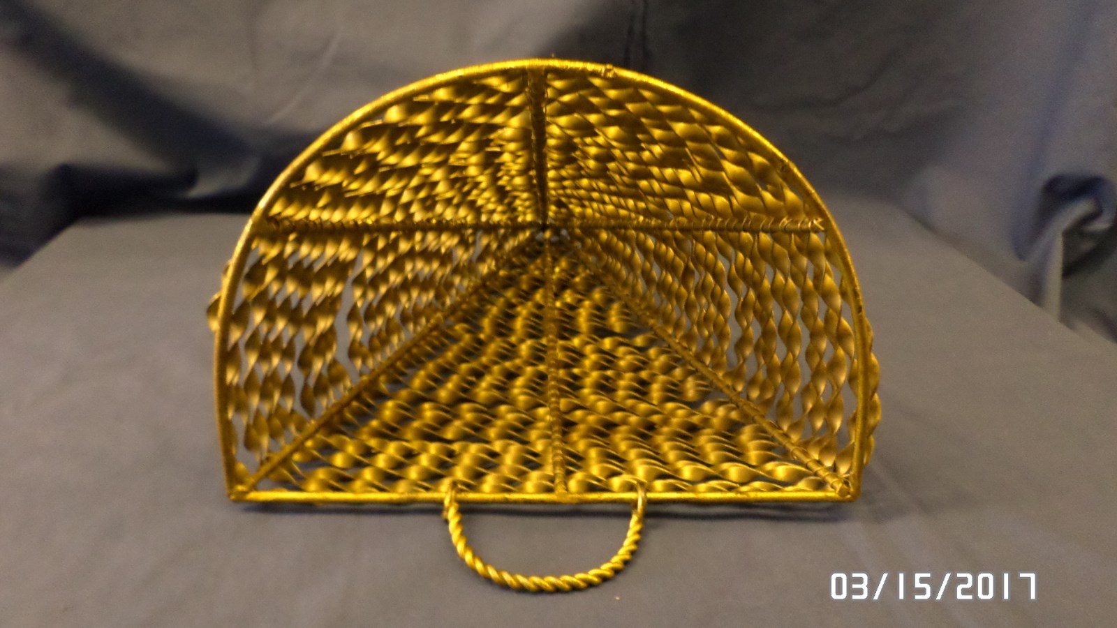 1849M Large Silk Flower Metal Hanging Basket Wall Hugger Cone Shaped Twist Brass