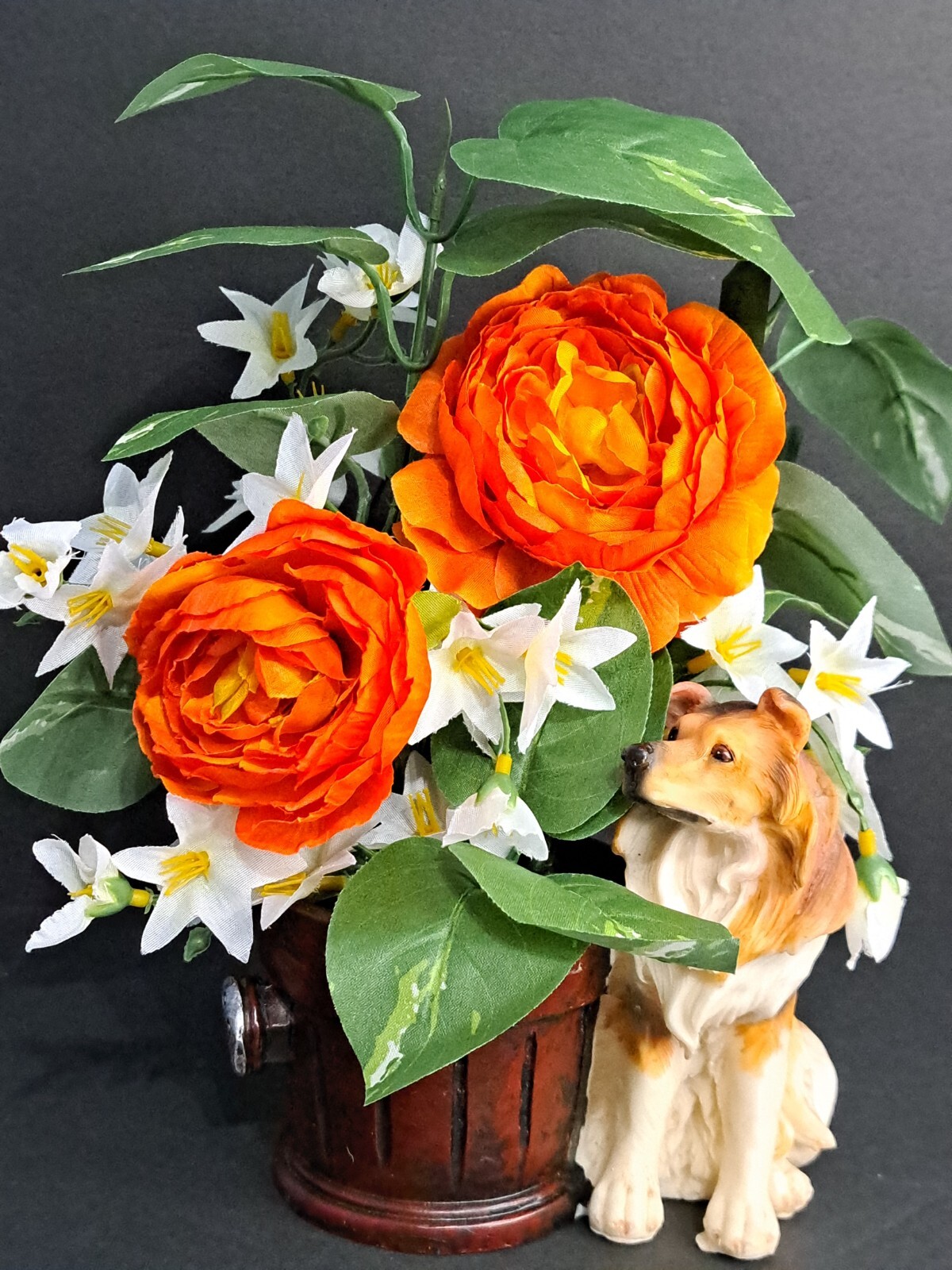 Collie Dog With Barrel Planter Floral Arrangements Puppy Resin