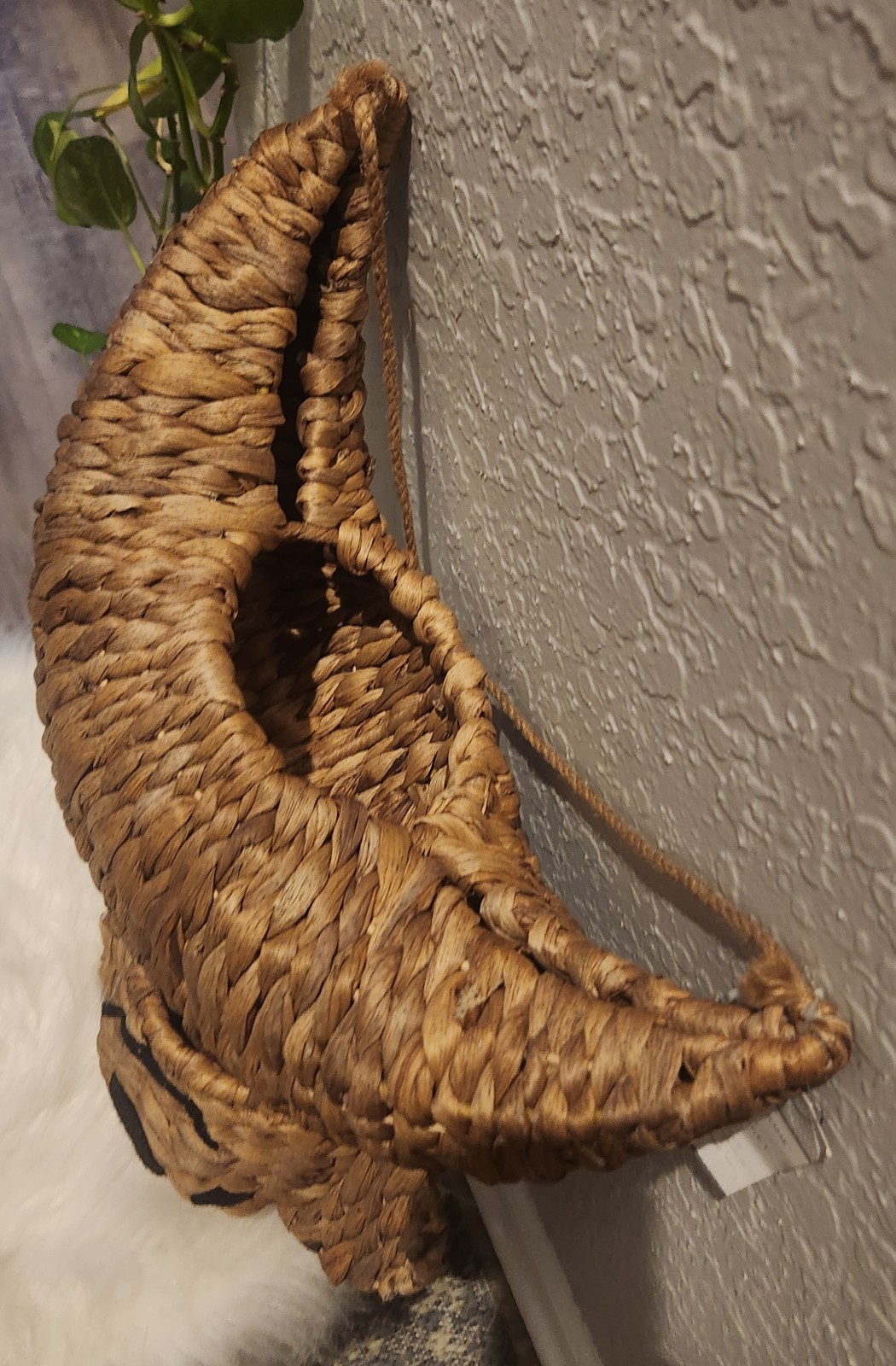 Koala hanging animal basket, handwoven, made in Vietnam, 15 in L, 6.5 W, 12.5 H